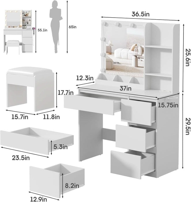 Vanity, Makeup Vanity Desk Set with Mirror & Light, Dressing Table Storage Lots with Power Strip, 3 Lighting Modes with Adjustable Brightness, 37 Inches (White) (White with Stool)