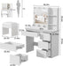 Vanity, Makeup Vanity Desk Set with Mirror & Light, Dressing Table Storage Lots with Power Strip, 3 Lighting Modes with Adjustable Brightness, 37 Inches (White) (White with Stool)