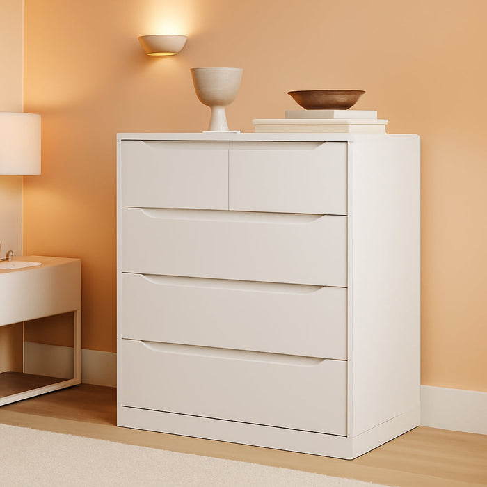 Modern 5 Drawer Dresser for Bedroom, Chest of Drawers with Storage, Wood Storage Chest Organizers with Cut-Out Handles, Accent Storage Cabinet for Living Room, Entryway, Hallway, White