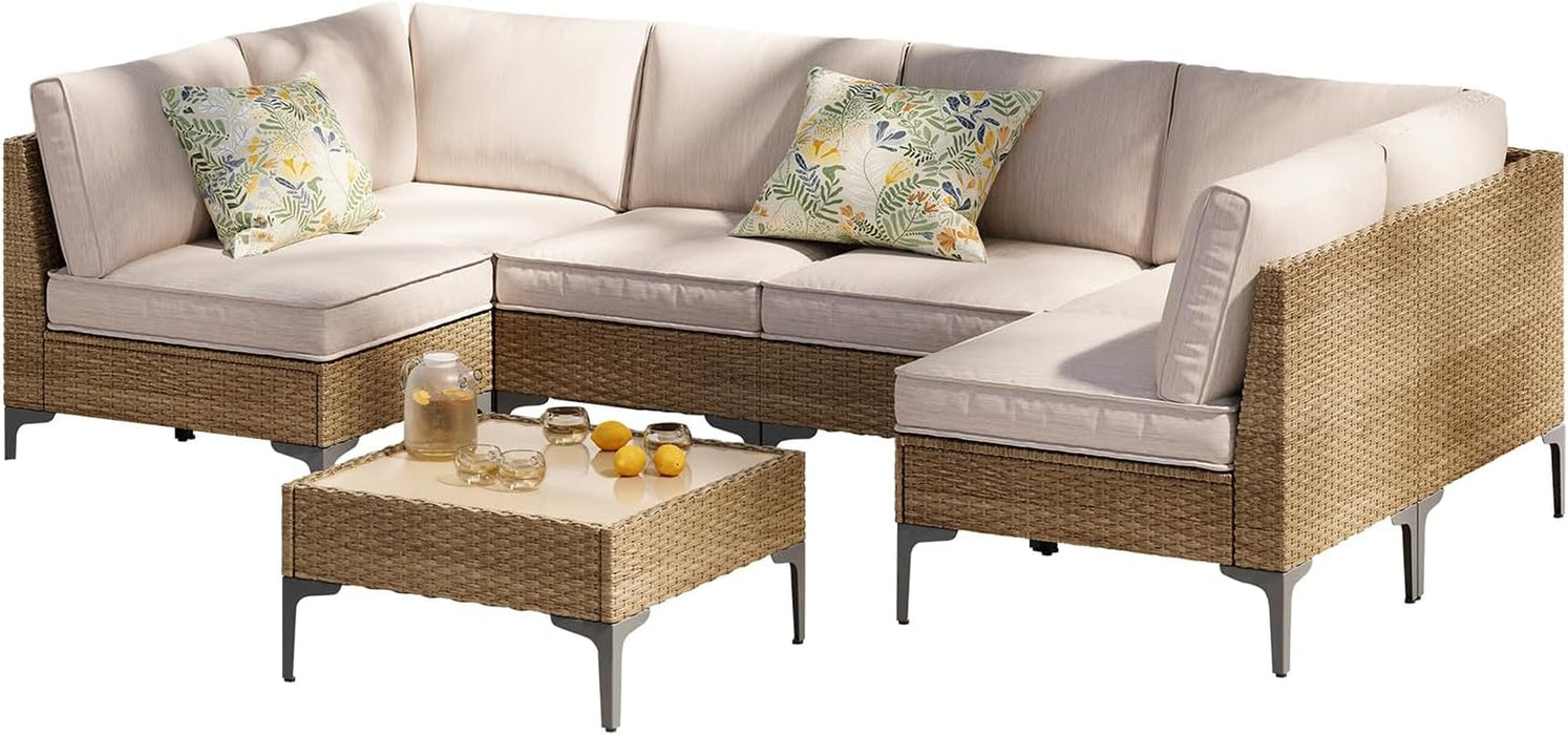 7 Piece Patio Furniture Set, Wicker Modular Outdoor Furniture with Thicker Cushions, Outdoor Couch Sofa for Garden, Poolside, Backyard, Beige