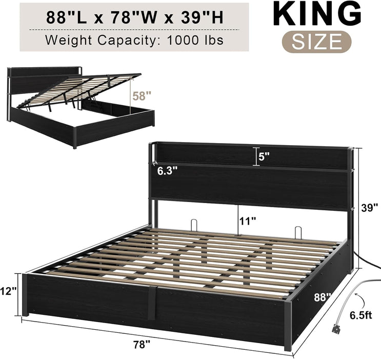 King Size Lift up Storage Bed Frame with Charging Station