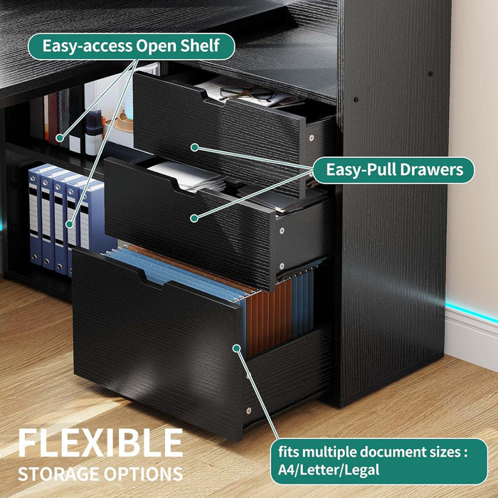 L Shaped Desk with Power Outlets & LED Lights & File Cabinet, 55" Corner Computer Desk with 3 Drawers & 3 Storage Shelves, Home Office Desk with Bookshelf, Black