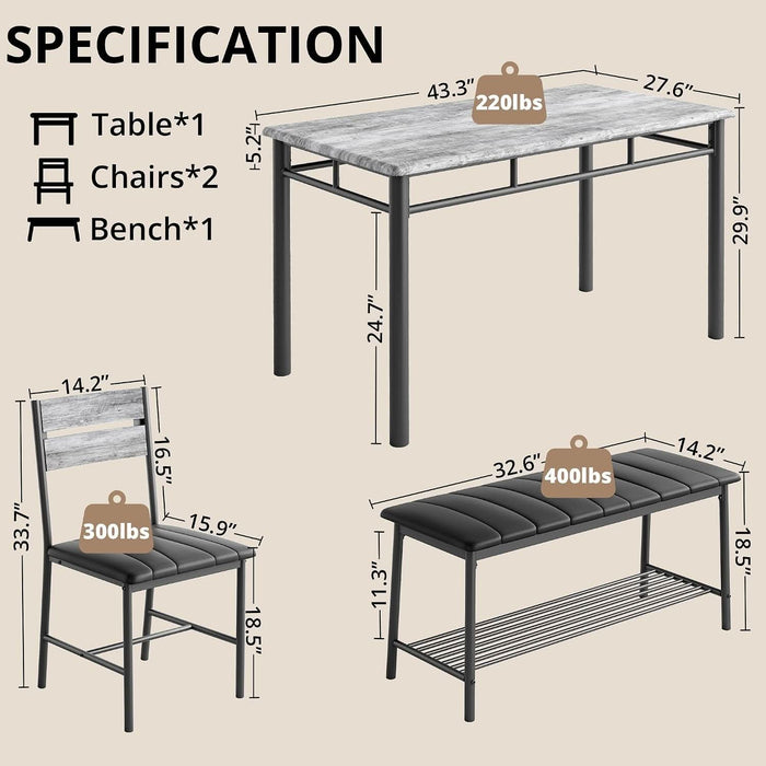 Dining Table Set for 4, Kitchen Table with Upholstered Bench and 2 Chairs, Kitchen Table and Chairs Set for Small Space, Apartment, Grey