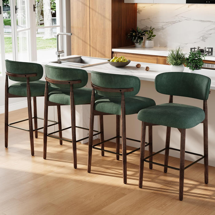 26″ Linen Bar Stools Set of 4, Counter Height Bar Stools, Green | Linen Fabric, Wood Legs, Metal Footrest, Upholstered Modern Kitchen Barstools with Back, for Dining Room Bar