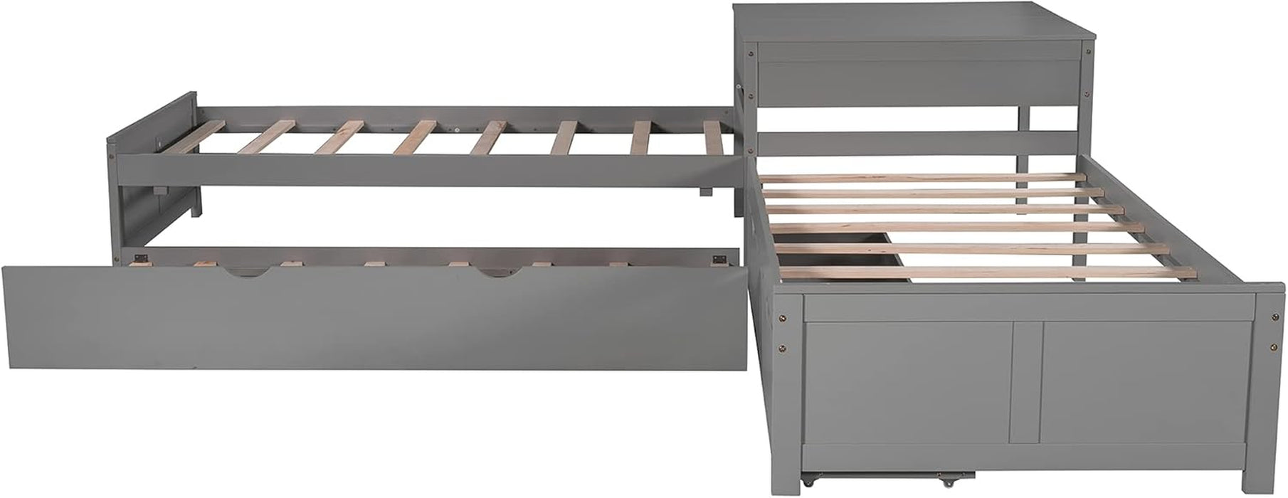 L-Shaped Platform Bed with Trundle, Drawers and Built-In Desk, Wood Bed for Teens, L Shaped Twin Bed, Grey