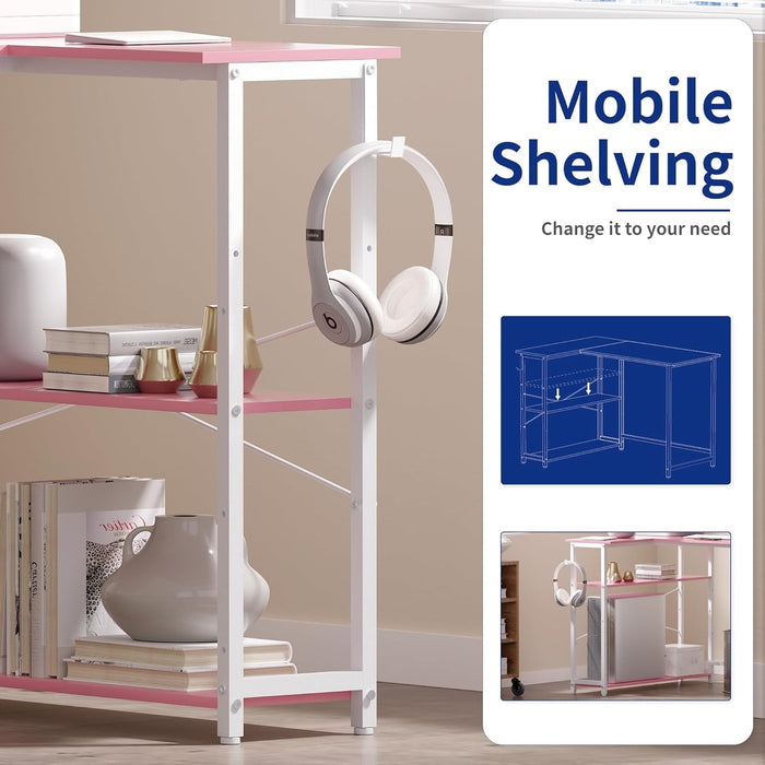 43 Inch L Shaped Computer Desk with Reversible Side Storage Shelves, Small Corner Desk for Small Space Home Office,Writing Study Table PC Desk for Bedroom,Pink with White Leg