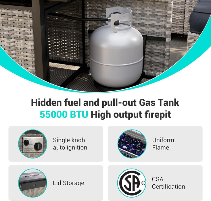 7Pcs Patio Rocking Swivel Chair with 55,000 BTU Fire Pit Table Outdoor Wicker Rattan Bistro Set with Tempered Glass Side Table, Outdoor Patio Furniture Set for Garden and Balcony, Dark Grey