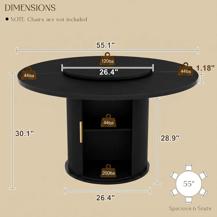 55" Fluted round Dining Table for 4-6, Mid-Century Modern Kitchen Table with Rotating Tray, 2-Tier Storage Shelf, Wood Sliding Doors and Pedestal Base, Black