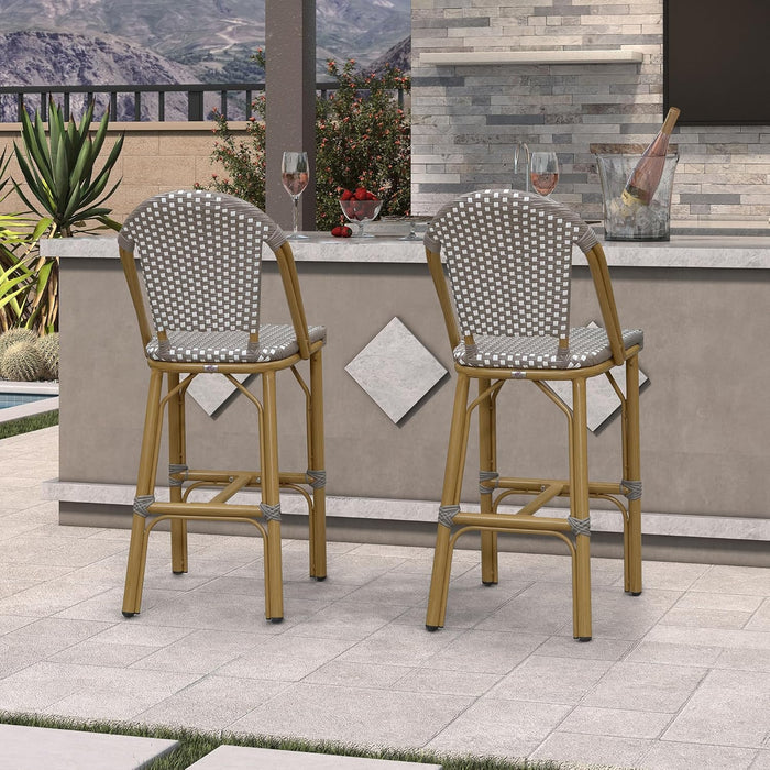 French Bar Stools Set of 2 Bamboo Print Finish Outdoor Bar Stools with Back Rattan 27'' Patio Bar Stool for Pool Garden Kitchen Outdoor Barstool, Grey