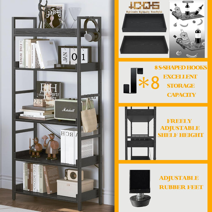 5 Tier Bookshelf, Adjustable Industrial Bookcase, Vertical Tall Book Shelf, Wood and Black Metal Open Bookshelves for Home Office, Living Room, Bedroom