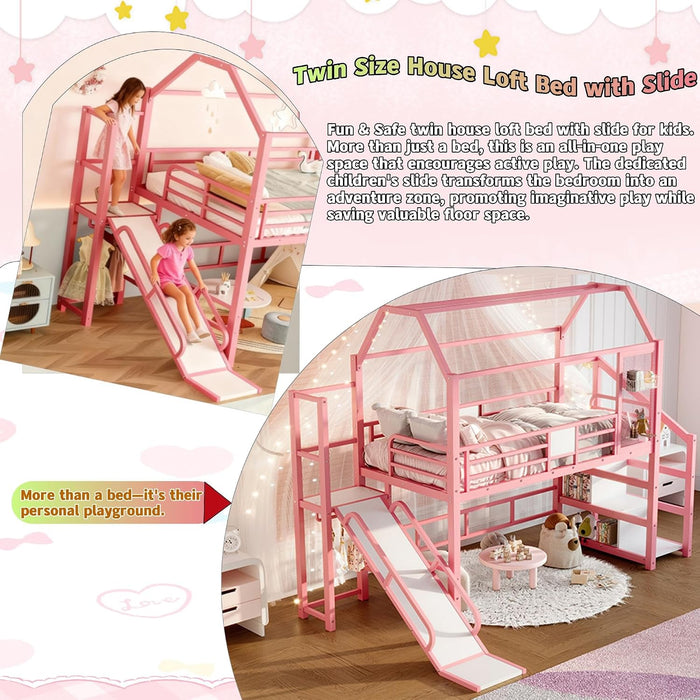 Twin Size Metal Loft Bed With UnderbedStorageShelves