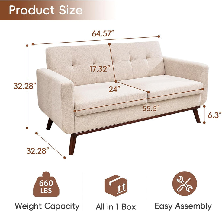 Oatmeal Mid-Century Loveseat: Button-Tufted, Modern Style