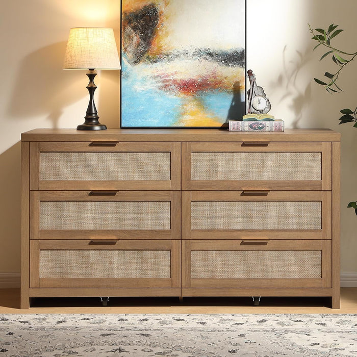 Rattan Dresser for Bedroom, 56.9" Wide 6 Drawer Dresser with Ample Storage, Dressers Large Chest of Drawers, Closet, Boho TV Stand for Bedroom (Reclaimed Caramel Oak, 1 Piece)