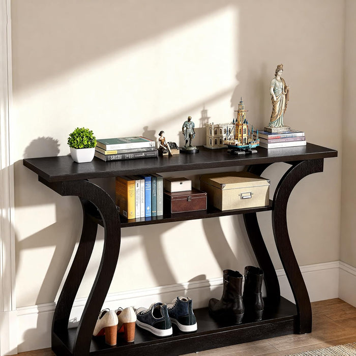 Wood Console Table with Curved Legs and Shelf, 3 Tier Modern Accent Sofa Table for Entryway, Living Room, Hallway, 47 in Wide, Easy Assembly (Cappuccino/Dark Brown)