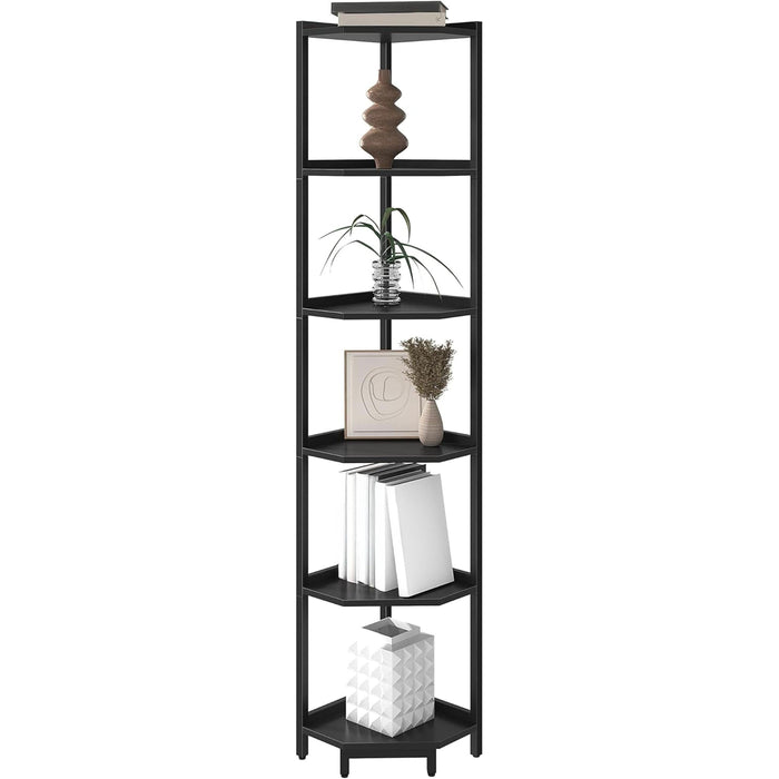 Corner Shelf Stand, Corner Bookshelf, Storage Standing Shelf Unit with Metal Frame, Plant Stand, Corner Bookcase for Living Room, Home Office, Bedroom, 6-Tier Black CS06006B