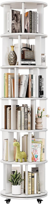 Rotating Bookshelf, 6 Tier Solid Wood Bookshelf Tower with Lockable Wheels