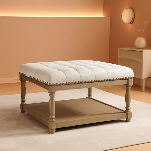 33-Inch Large Square Ottoman Coffee Tables for Living Room, Tufted Upholstered Linen Ottoman with Storage Shelf and Solid Legs for Office Bedroom Farmhouse (Beige)