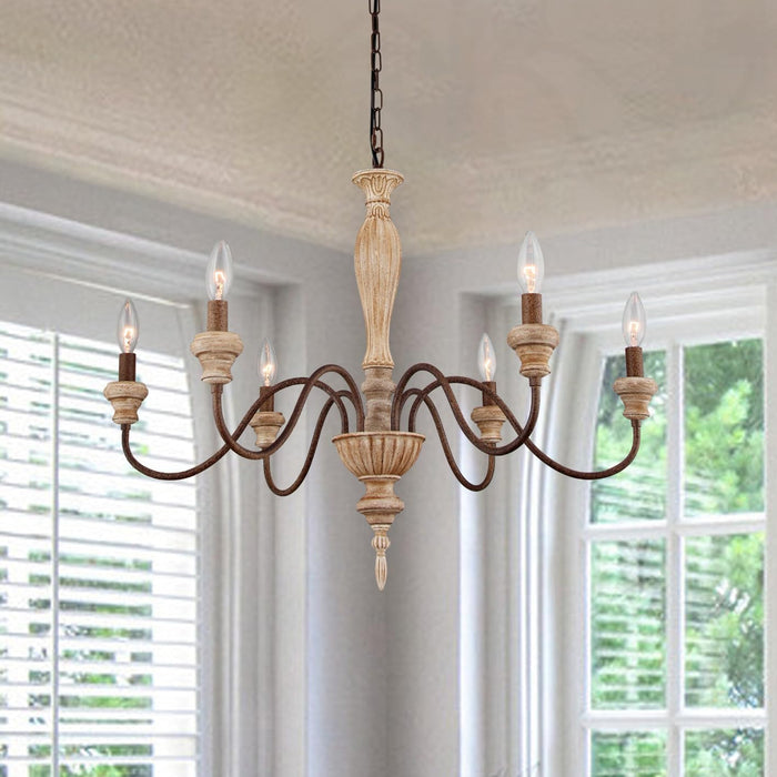 French Country Six Light Distressed Wood Chandelier