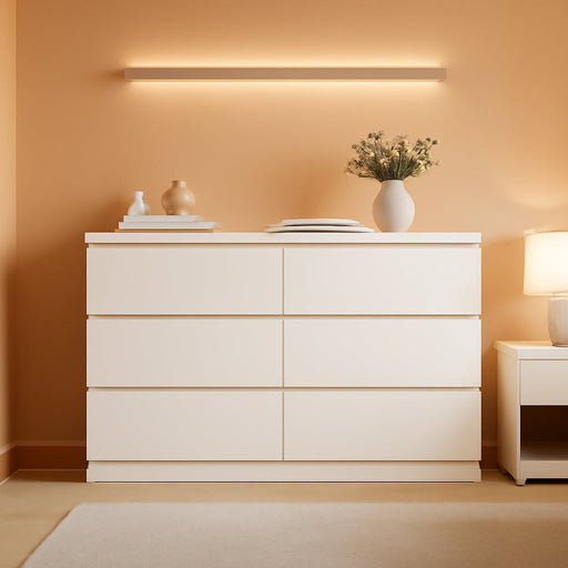 Modern White 6 Drawer Dresser - Simply Chest of Drawers for Bedroom, Closet, Living Room, Hallway, Entryway, Wood Storage Double Dresser with Smooth Metal Rails - White