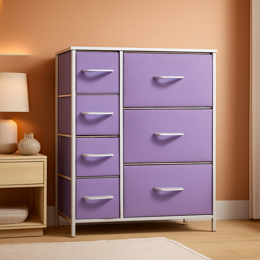 Dresser with 7 Drawers - Furniture Storage Chest for Kid’S, Teens, Bedroom, Nursery, Playroom, Clothes, Toys - Steel Frame, Wood Top, Tie-Dye Fabric Bins (7-Drawer, Pastel Purple)