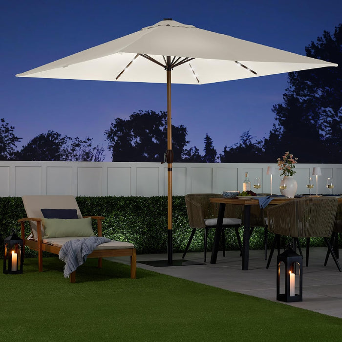 9Ft Deep Square Solar Powered LED Lighted Patio Umbrella W/Woodgrain Pattern, Uv-Resistant Fabric, Hand Crank - Ivory