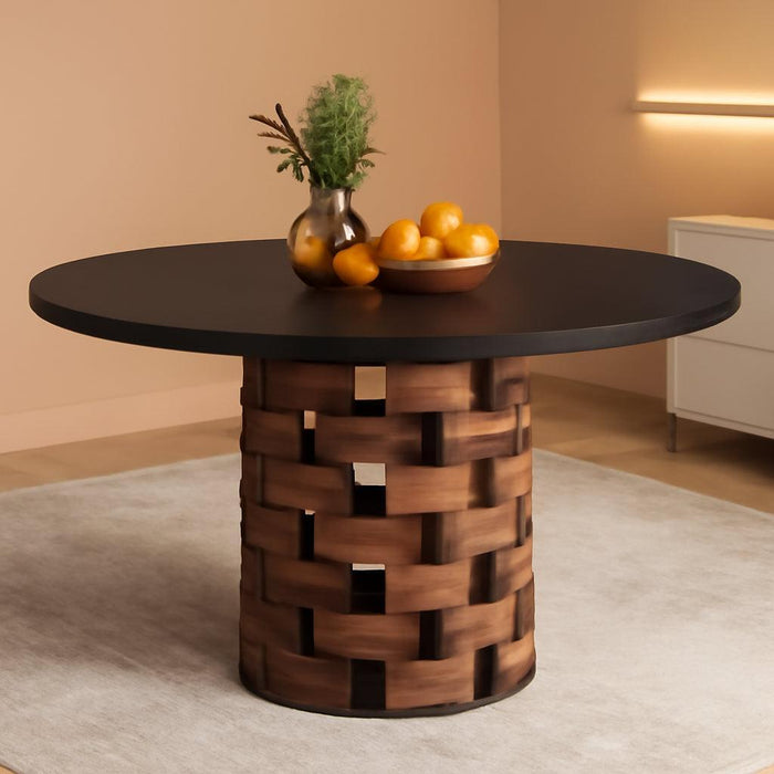 round Dining Table for 4-6 People, 47" Farmhouse Kitchen Table, Dining Room Table with Wood Rectangular Block Base, Circle Dinner Tables for Kitchen, Living Room, Black and Brown