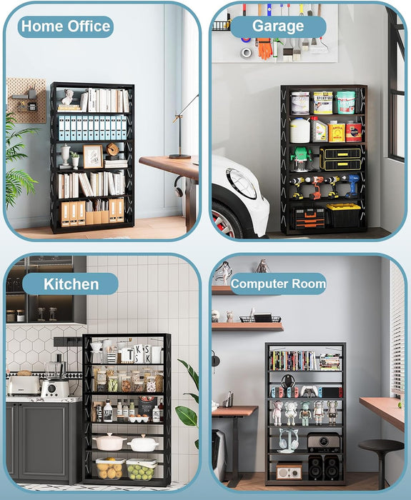 5-Tier Tall Book Shelf, Metal Bookcase with Adjustable Shelves | Metal Bookshelf,Bookend,Anti-Tip,Leveling Feet,,Display Storage Shelves for Bedroom/Office,Rust-Resistant,Easy Assembly Black