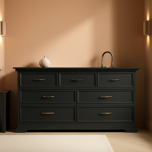 Farmhouse 7 Drawers Dresser for Bedroom, 57" Wide Modern Chest of Drawers with Deep Drawers & Bar Handles, Rustic Wood Dresser TV Stand, Wooden Closet Storage Organizer for Living Room, Hallway, Black