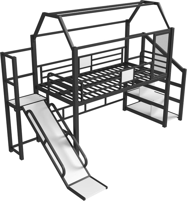 Twin Loft Bed With Slide Black PlayhouseStorageSystem