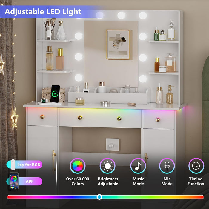 Vanity Desk with Mirror and Lights, Makeup Vanity with Mirror and LED Lights & Power Outlet, 3 Drawers and Cabinets, 3 Lighting Modes Dressing Table Set for Girls Women Bedroom, White