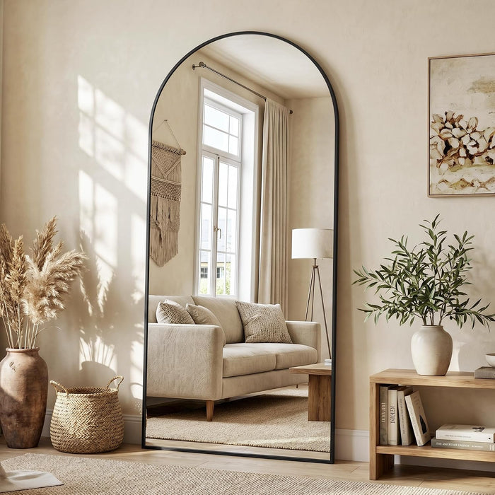 71"×32" Arched Full Length Floor Mirror, Standing Mirror with Aluminum Frame, Large Body Mirror of Free Standing/Wall Mount/Leaning for Bedroom, Living Room, Dressing Room, Black