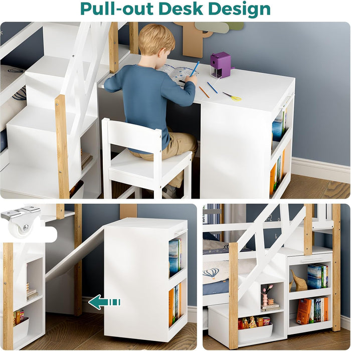 Full over Full Bunk Bed with Trundle and Storage Stairs, Solid Wood Bunk Bed with Foldable Desk, No Box Spring Needed, for Kids, Teens & Adults (White+Wood)
