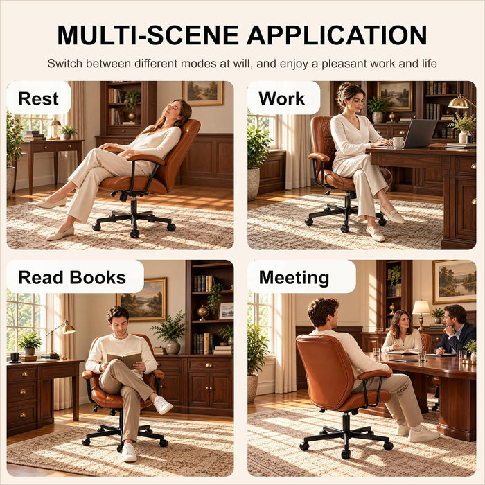 PU Leather Office Chair with Lumbar Support, Removable Arms, Brown