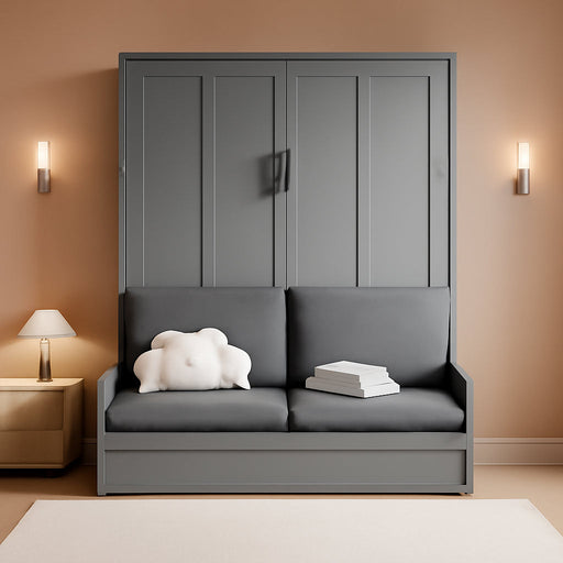 Queen Size Murphy Bed, Wall Bed with Sofa and Cushion, Grey