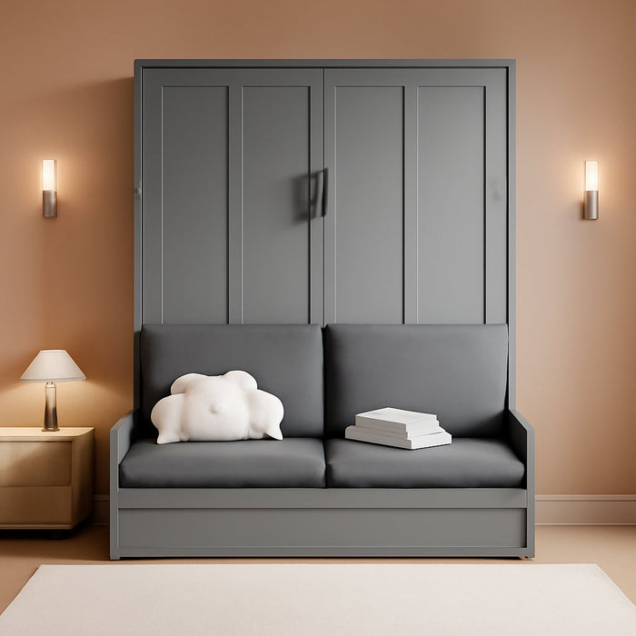 Queen Size Murphy Bed, Wall Bed with Sofa and Cushion, Grey