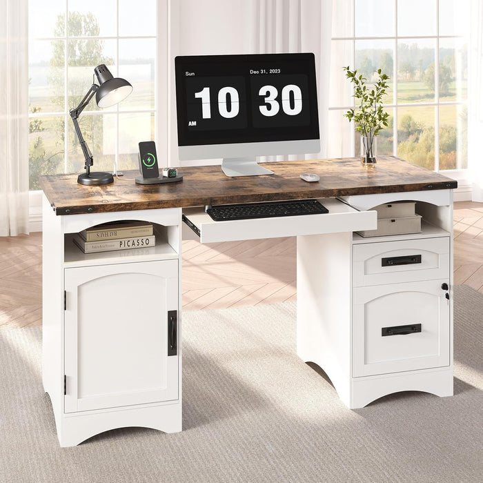 55'' Farmhouse Executive Desk with Drawers & Charging Station, White