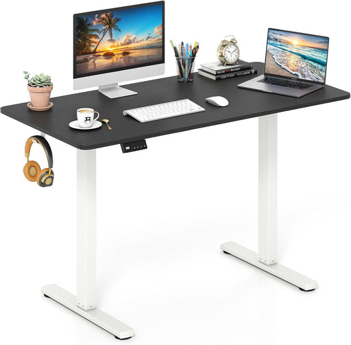 Electric Standing Desk, 48" X 24" Height Adjustable Sit Stand Computer Workstation with 2 Memory Heights, Headphone Hook, Anti-Collision Design, Home Office Computer Desk (Black+White)