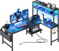 51.2" L Shaped Gaming Desk with Power Outlets & USB-C Port, LED Lights, Computer Desk with Pegboard, Corner Desk with Storage Shelves & Bag, Office Desk with CPU Stand for Home Office, Black