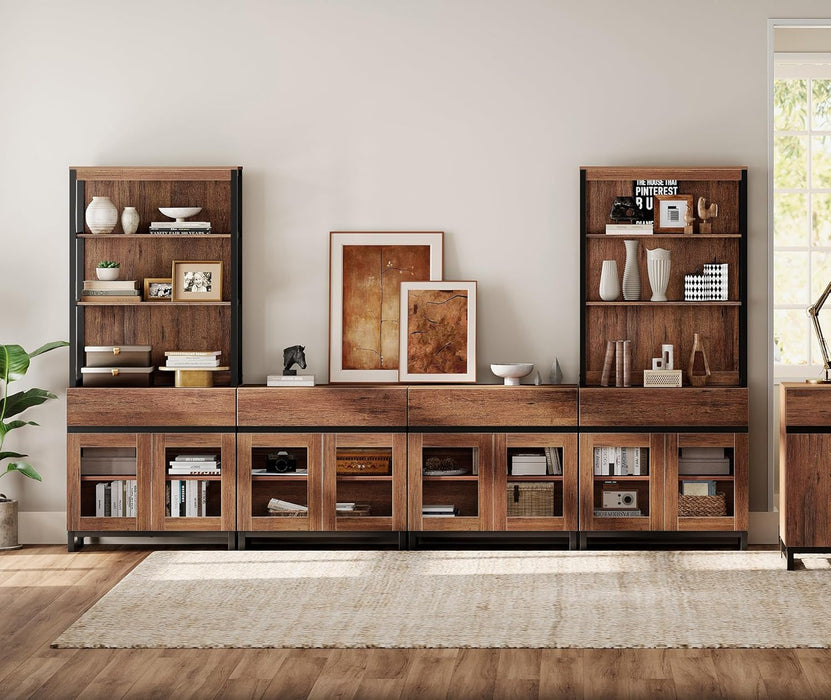 Modern TV Stand with 3 Tiers Bookshelf, Farmhouse Entertainment Center with 4 Drawers and Adjustable Shelf, Wooden Media TV Console with Glass Doors for Living Room, Brown