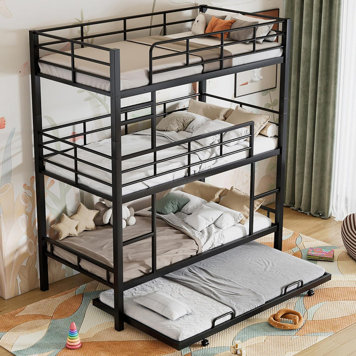 Metal Twin Size Triple Bunk Bed with Trundle for 4, Bunk Beds with 2 Ladders & Guardrails, Convertible to 3 Separate Beds for Kids Teens, Space-Saving, Black
