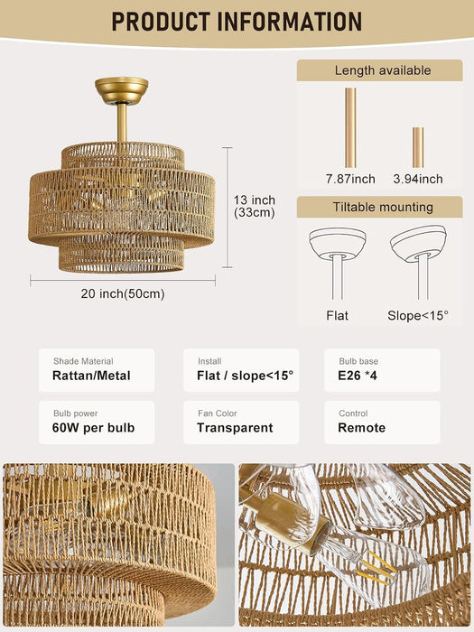 20 Inch Boho Rattan Fandelier Ceiling Fans with Lights and Remote Control
