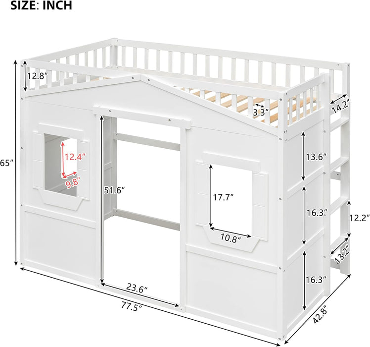 Twin Size House Loft Bed, Wooden Bed Frame with Ladder, Kids Playhouse Bed with Window for Girls Boys, White