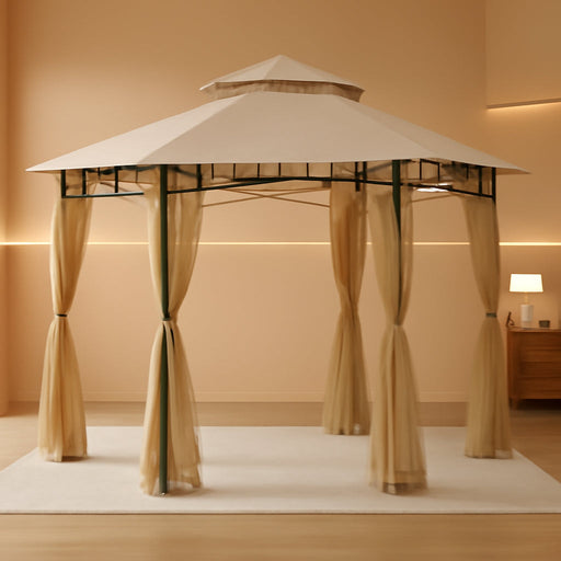 10' X 10' Outdoor Patio Gazebo Canopy Tent with Mesh Sidewalls, 2-Tier Canopy for Backyard, Beige