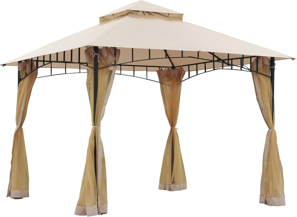 10' X 10' Outdoor Patio Gazebo Canopy Tent with Mesh Sidewalls, 2-Tier Canopy for Backyard, Beige