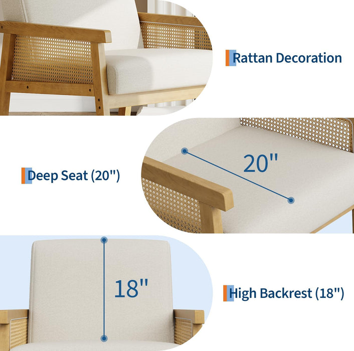 Beige Rattan Accent Chair With Upholstered Backrest
