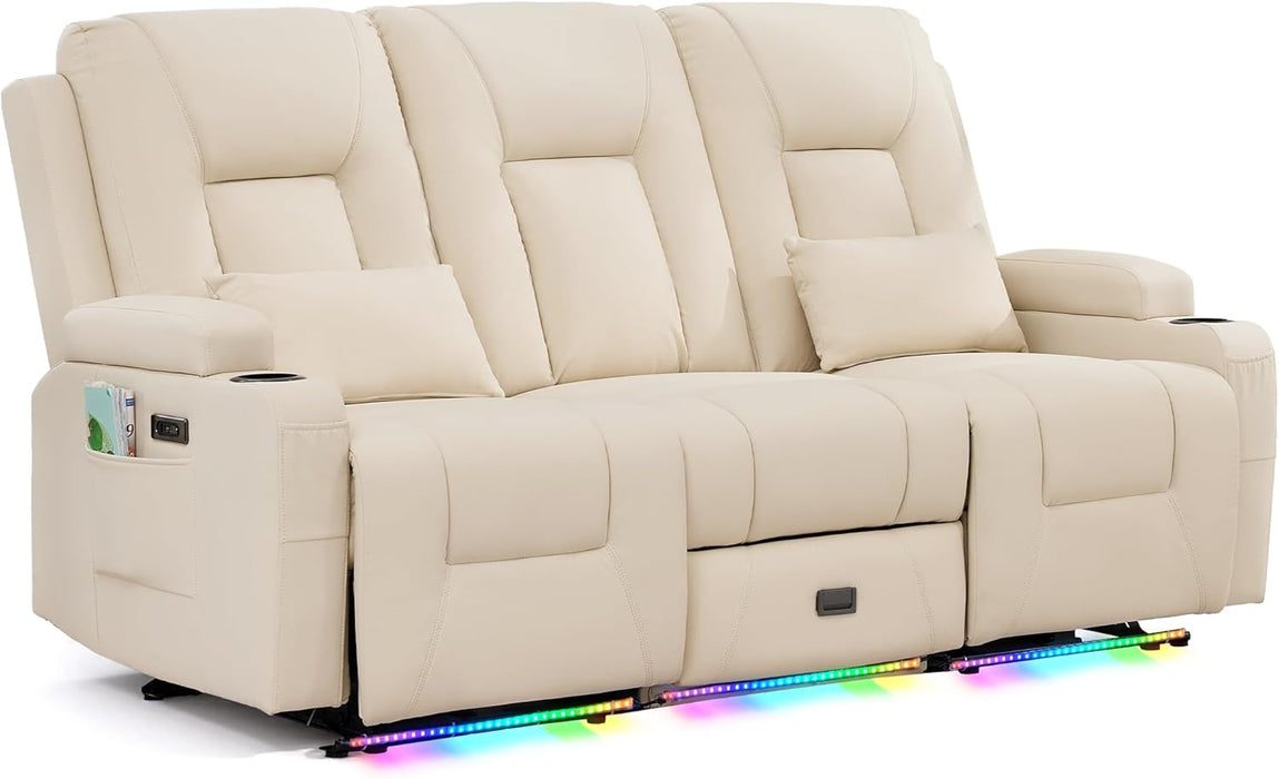 Power Loveseat Recliner Sofa with Middle Seat, Wall Hugger Dual Reclining 3 Seater RV Couch, Home Theater Seating with LED Lights, USB Ports, Power Outlets & Storage, Beige | Pet Friendly, Dual Reclining, Zero Gravity, Button Control