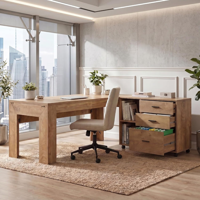 63'' L Shaped Office Desk with Drawers and Shelves,Large Executive Desk with Rolling File Cabinet Combo,Home Office Computer Desk,Brown