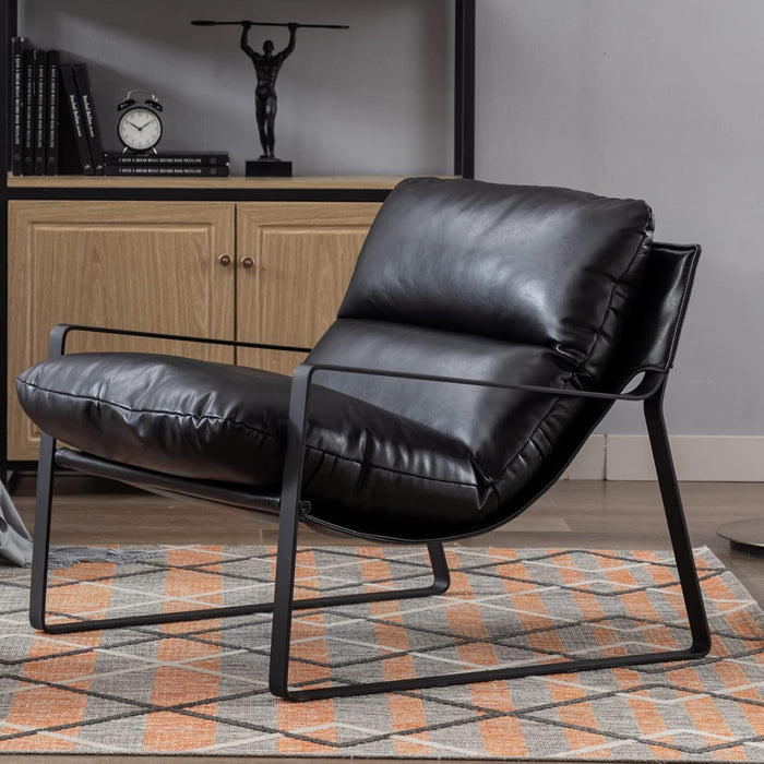 Mid-Century Accent Chair, Comfy PU Leather Side Chair with Armrest, Upholstered Leisure Chair with Black Metal Frame for Living Room Bedroom Reception Room, Black