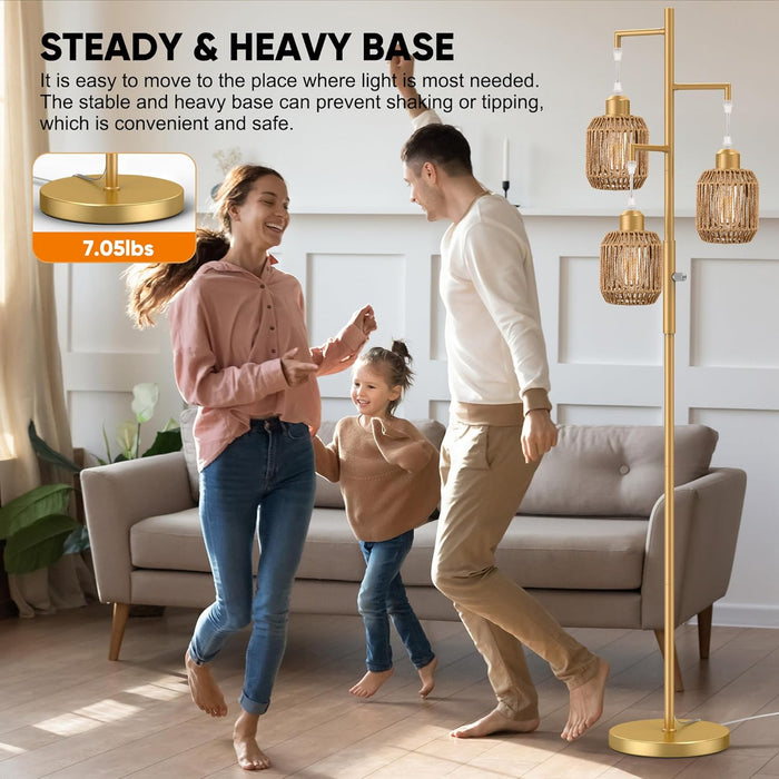 Dimmable Boho Floor Lamp - 3 Light Farmhouse Rattan Floor Lamp for Living Room, Industrial Tree Floor Lamps with 3 X 6W LED Bulbs, Rustic Standing Tall Lamp for Bedroom, 68", Gold