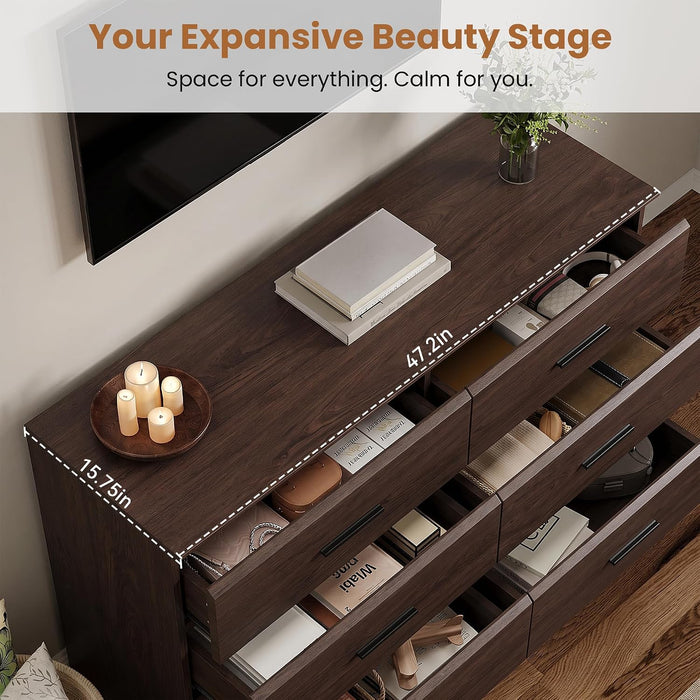 Brown 6 Drawer Dresser for Bedroom, Chest of Drawers with Silver Handle, Wood Storage Dresser with Deep Drawers for Bedroom, Living Room, Hallway Entryway (52.76 * 21.26 * 7.87 In)